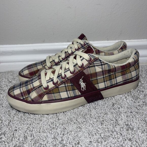 Polo Ralph Lauren Shoes Harold Canvas Madras Plaid Red/White Sneakers Size 9D - Picture 3 of 9